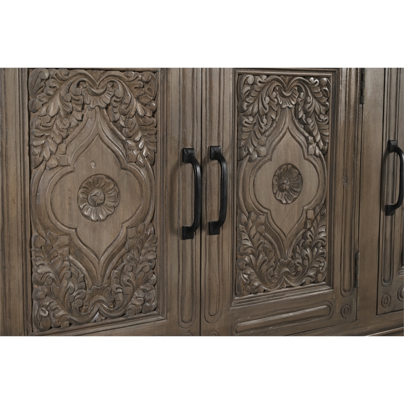 Pemberly Row Traditional 3-Door Carved Solid Wood Sideboard in Brown