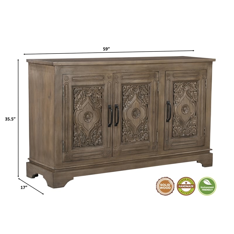 Pemberly Row Traditional 3-Door Carved Solid Wood Sideboard in Brown