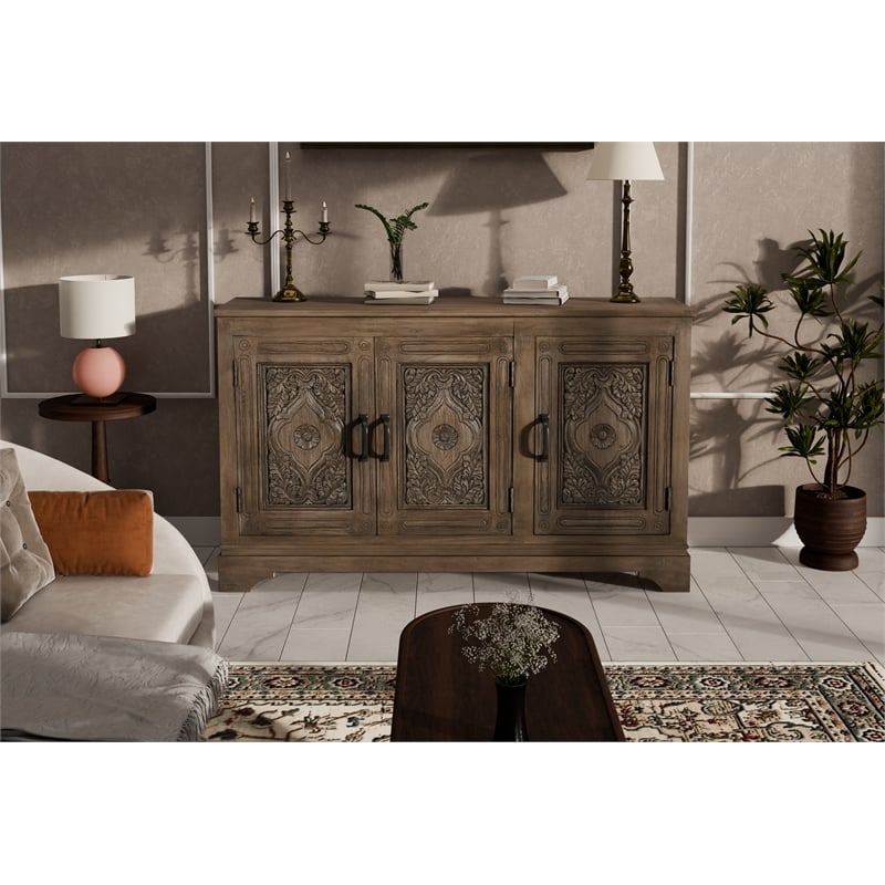 Pemberly Row Traditional 3-Door Carved Solid Wood Sideboard in Brown