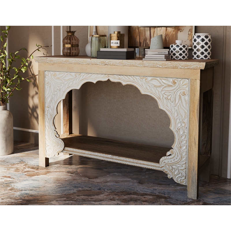 Pemberly Row Traditional Carved Solid Wood Console Table in Beige/White
