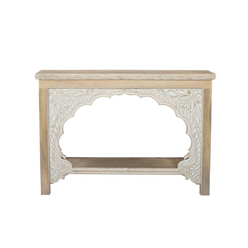 Pemberly Row Traditional Carved Solid Wood Console Table in Beige/White