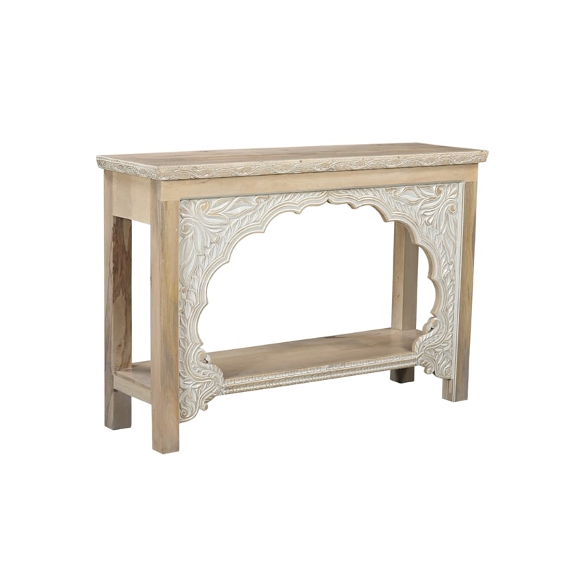 Pemberly Row Traditional Carved Solid Wood Console Table in Beige/White