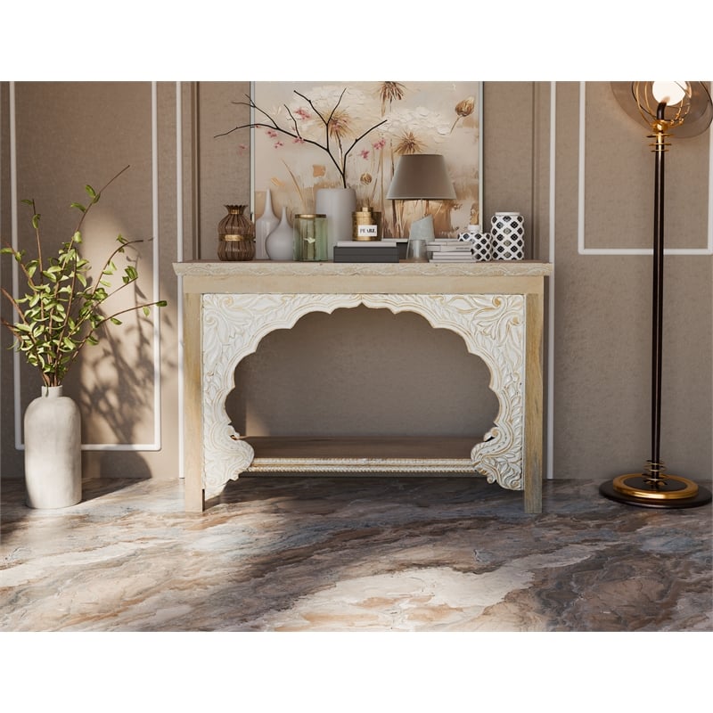 Pemberly Row Traditional Carved Solid Wood Console Table in Beige/White