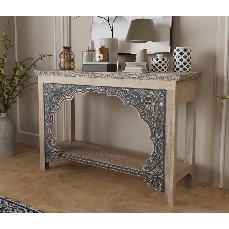 Pemberly Row Traditional Carved Solid Wood Console Table in Beige/Black