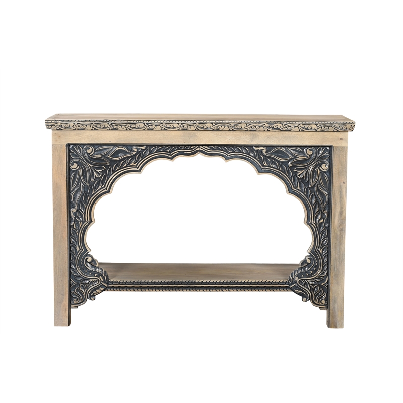 Pemberly Row Traditional Carved Solid Wood Console Table in Beige/Black
