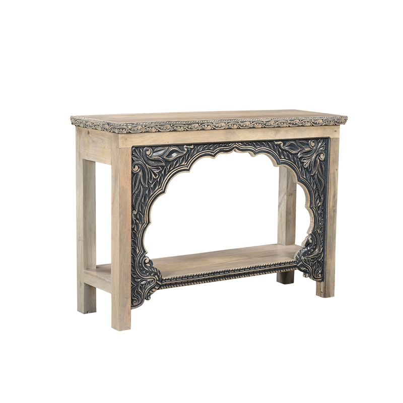 Pemberly Row Traditional Carved Solid Wood Console Table in Beige/Black