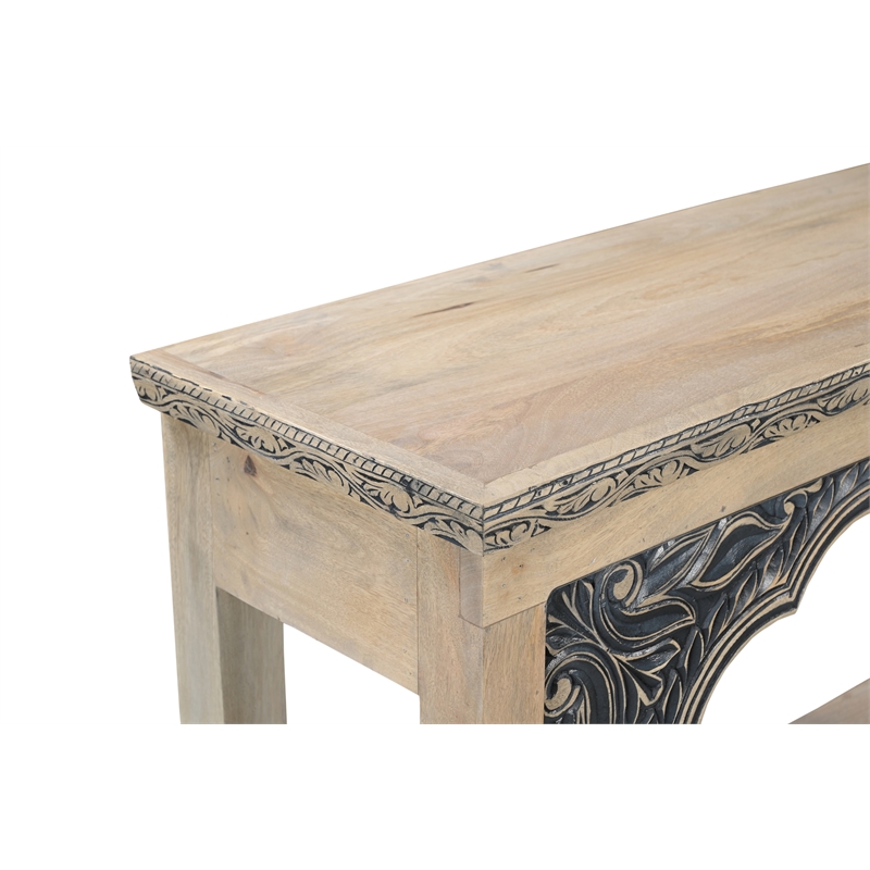 Pemberly Row Traditional Carved Solid Wood Console Table in Beige/Black
