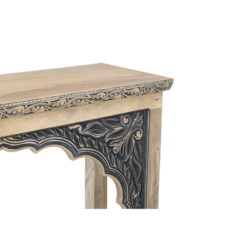 Pemberly Row Traditional Carved Solid Wood Console Table in Beige/Black