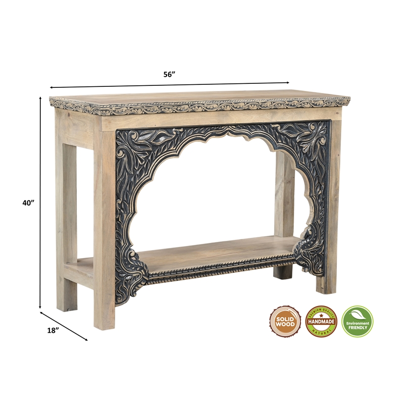 Pemberly Row Traditional Carved Solid Wood Console Table in Beige/Black