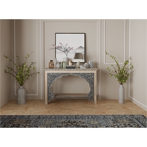 Pemberly Row Traditional Carved Solid Wood Console Table in Beige/Black