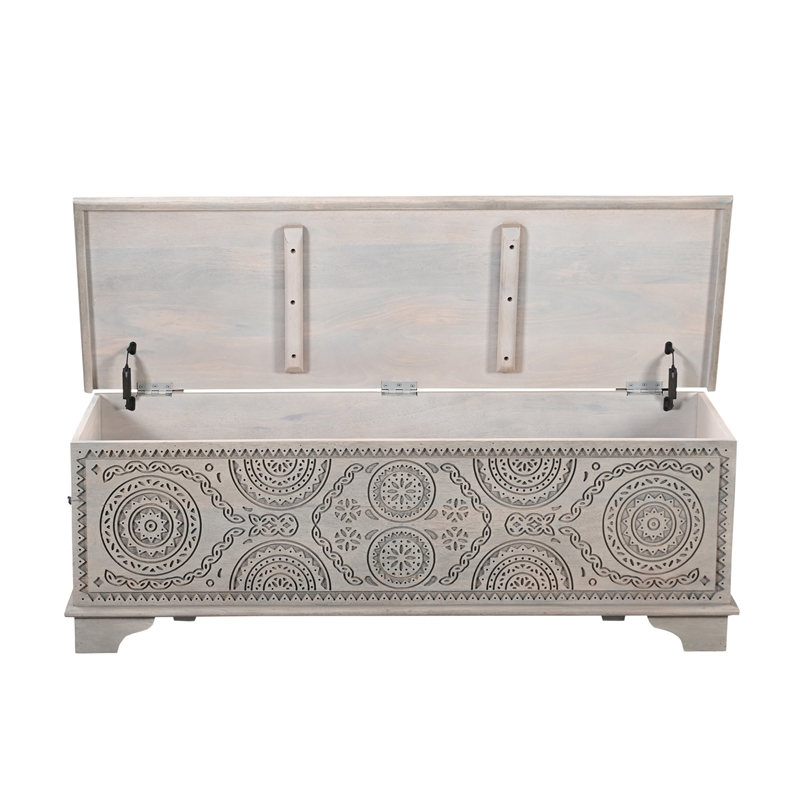 Pemberly Row Traditional Carved Solid Wood Storage Ottoman in Gray