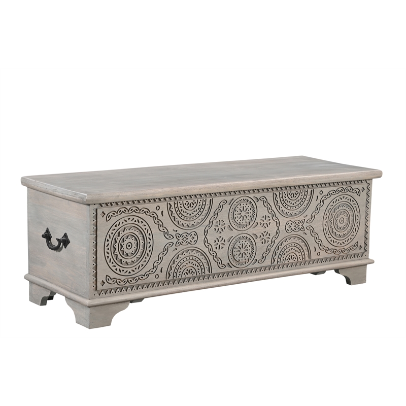 Pemberly Row Traditional Carved Solid Wood Storage Ottoman in Gray
