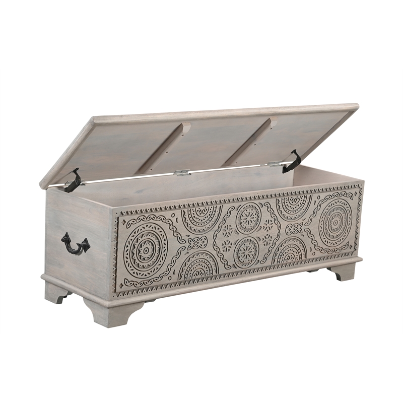 Pemberly Row Traditional Carved Solid Wood Storage Ottoman in Gray