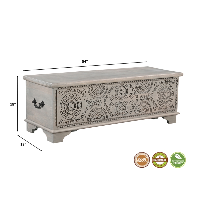 Pemberly Row Traditional Carved Solid Wood Storage Ottoman in Gray