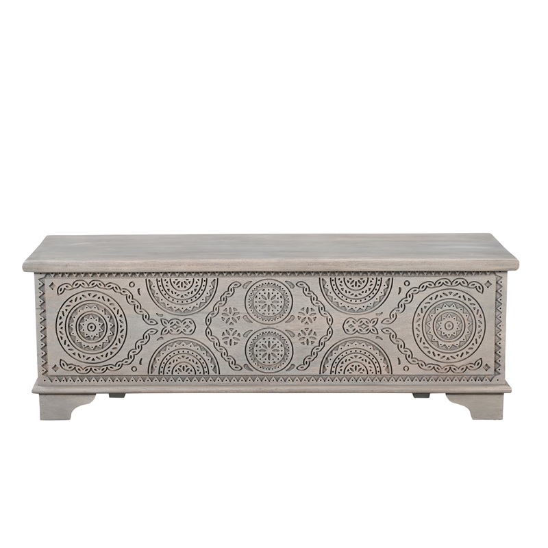 Pemberly Row Traditional Carved Solid Wood Storage Ottoman in Gray