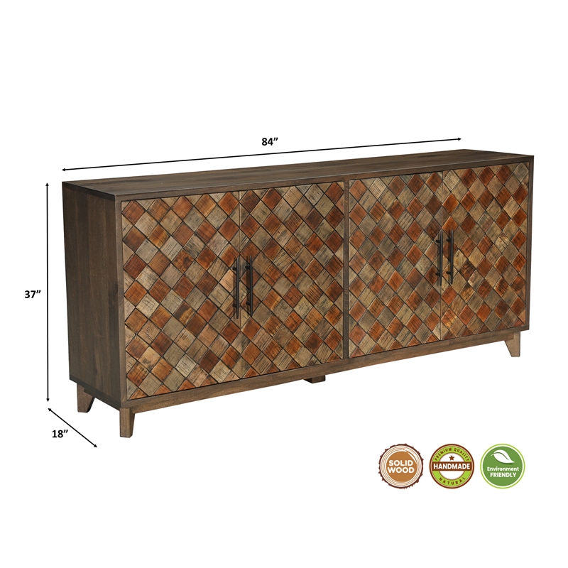 Pemberly Row 4-Door Diamond Pattern Solid Wood Sideboard in Brown