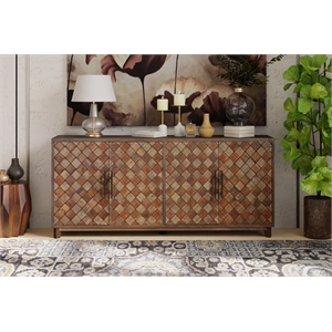 Pemberly Row 4-Door Diamond Pattern Solid Wood Sideboard in Brown