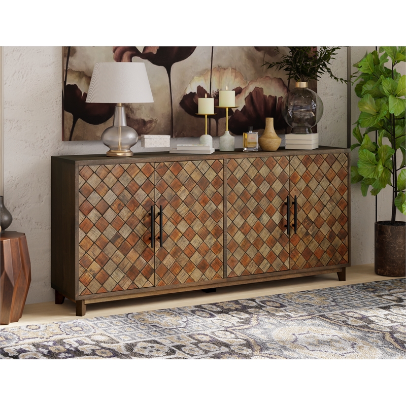 Pemberly Row 4-Door Diamond Pattern Solid Wood Sideboard in Brown