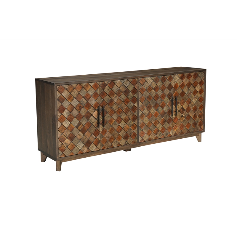 Pemberly Row 4-Door Diamond Pattern Solid Wood Sideboard in Brown