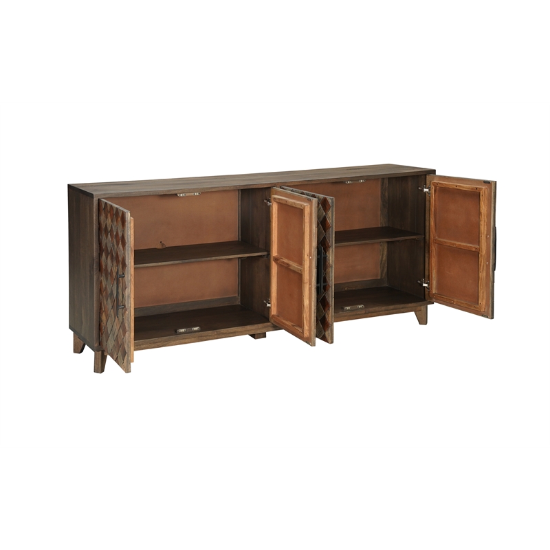 Pemberly Row 4-Door Diamond Pattern Solid Wood Sideboard in Brown