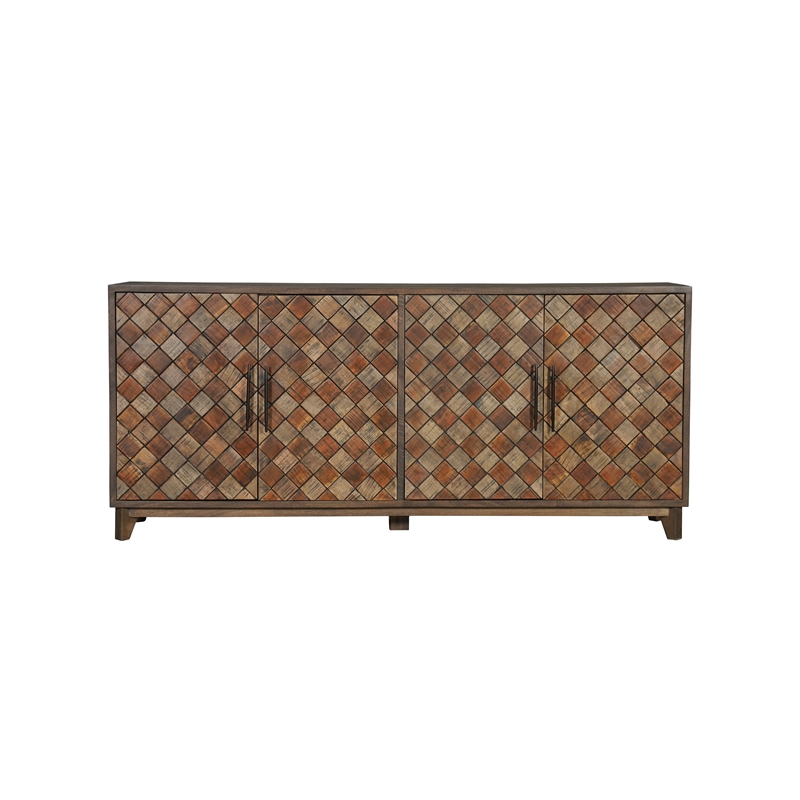 Pemberly Row 4-Door Diamond Pattern Solid Wood Sideboard in Brown
