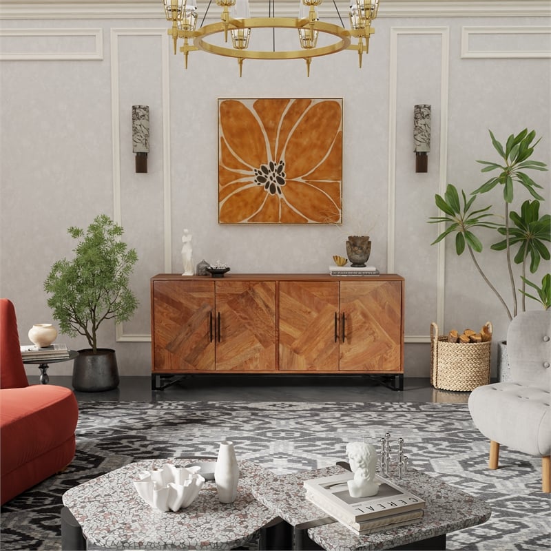 Pemberly Row 4-Door Geometric Pattern Solid Wood Sideboard in Brown