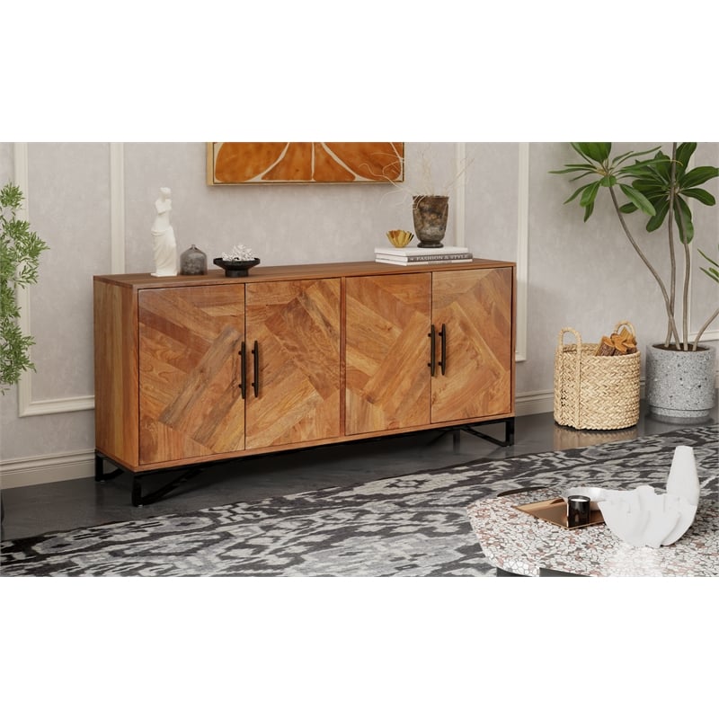 Pemberly Row 4-Door Geometric Pattern Solid Wood Sideboard in Brown