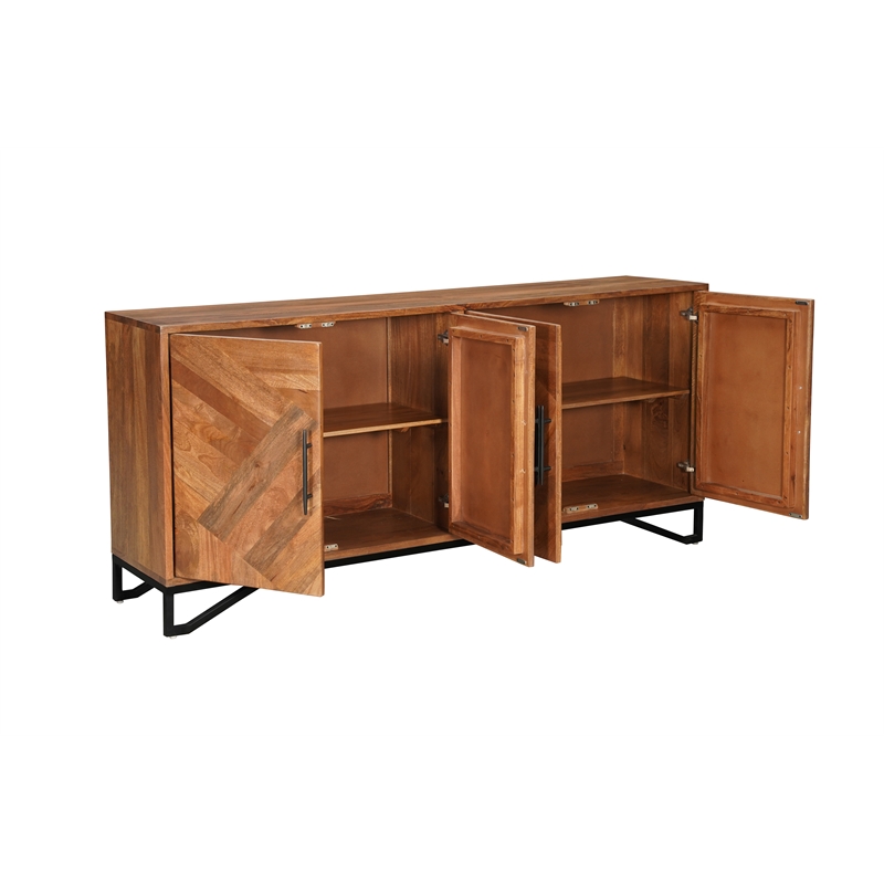 Pemberly Row 4-Door Geometric Pattern Solid Wood Sideboard in Brown