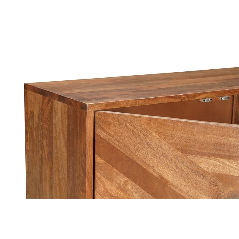 Pemberly Row 4-Door Geometric Pattern Solid Wood Sideboard in Brown