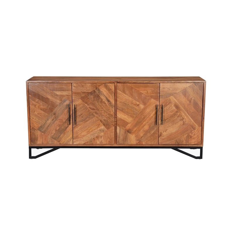 Pemberly Row 4-Door Geometric Pattern Solid Wood Sideboard in Brown