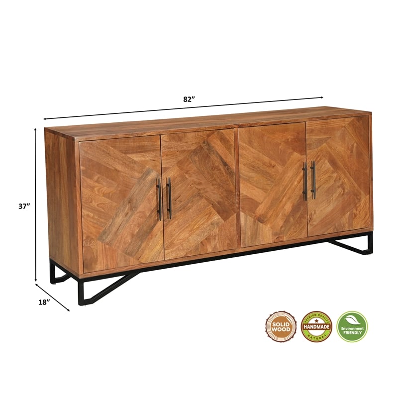 Pemberly Row 4-Door Geometric Pattern Solid Wood Sideboard in Brown