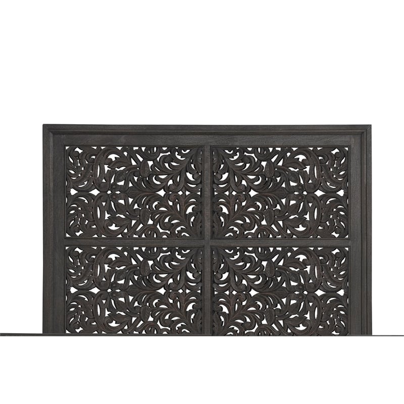 Pemberly Row Floral Carved Solid Wood Queen Panel Bed in Black