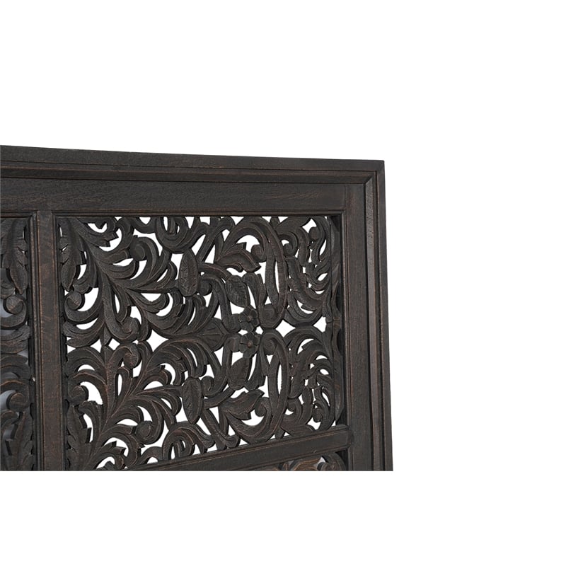 Pemberly Row Floral Carved Solid Wood Queen Panel Bed in Black