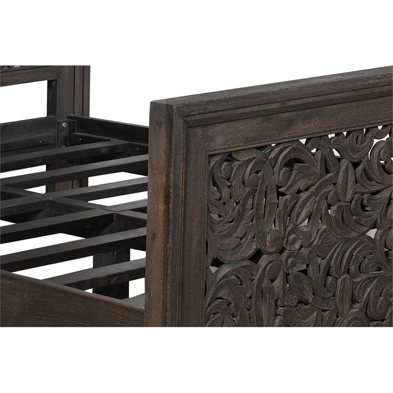 Pemberly Row Floral Carved Solid Wood Queen Panel Bed in Black
