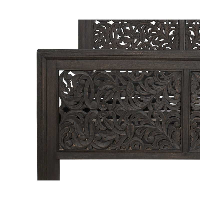 Pemberly Row Floral Carved Solid Wood Queen Panel Bed in Black