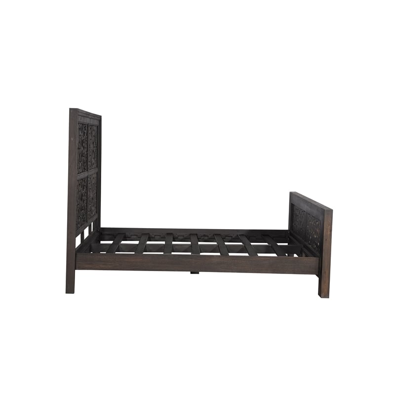 Pemberly Row Floral Carved Solid Wood Queen Panel Bed in Black