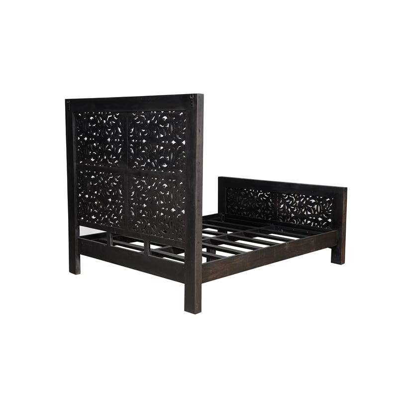 Pemberly Row Floral Carved Solid Wood Queen Panel Bed in Black