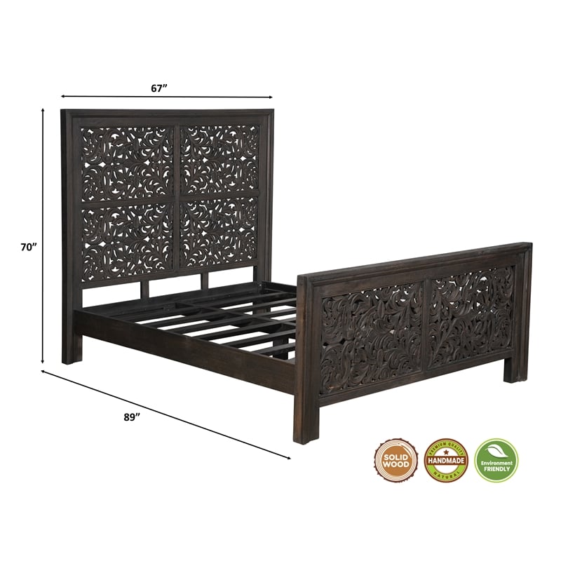 Pemberly Row Floral Carved Solid Wood Queen Panel Bed in Black