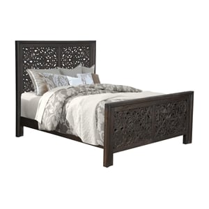 Pemberly Row Floral Carved Solid Wood Queen Panel Bed in Black