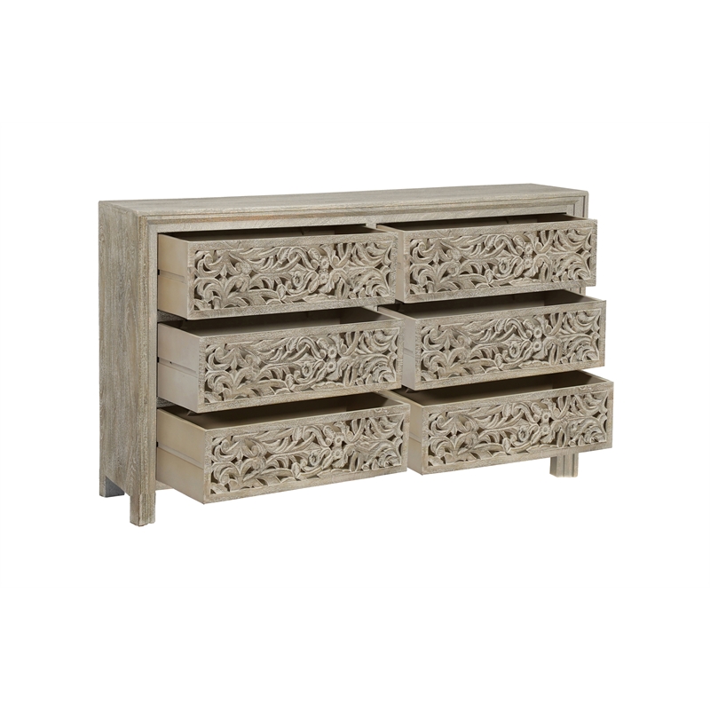 Pemberly Row 6-drawer Floral Carved Solid Wood Dresser in Gray