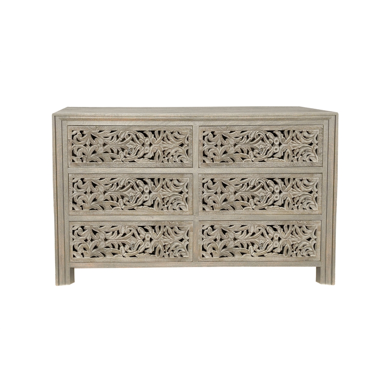 Pemberly Row 6-drawer Floral Carved Solid Wood Dresser in Gray