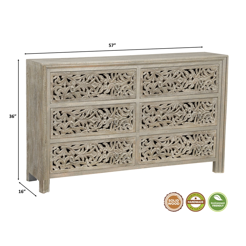 Pemberly Row 6-drawer Floral Carved Solid Wood Dresser in Gray