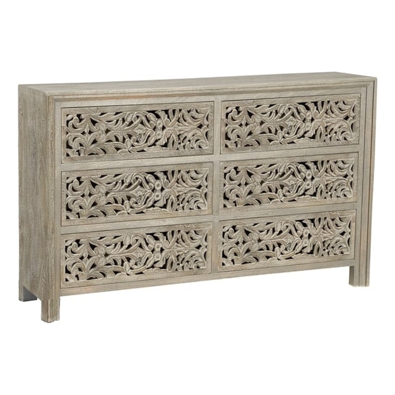 Pemberly Row 6-drawer Floral Carved Solid Wood Dresser in Gray