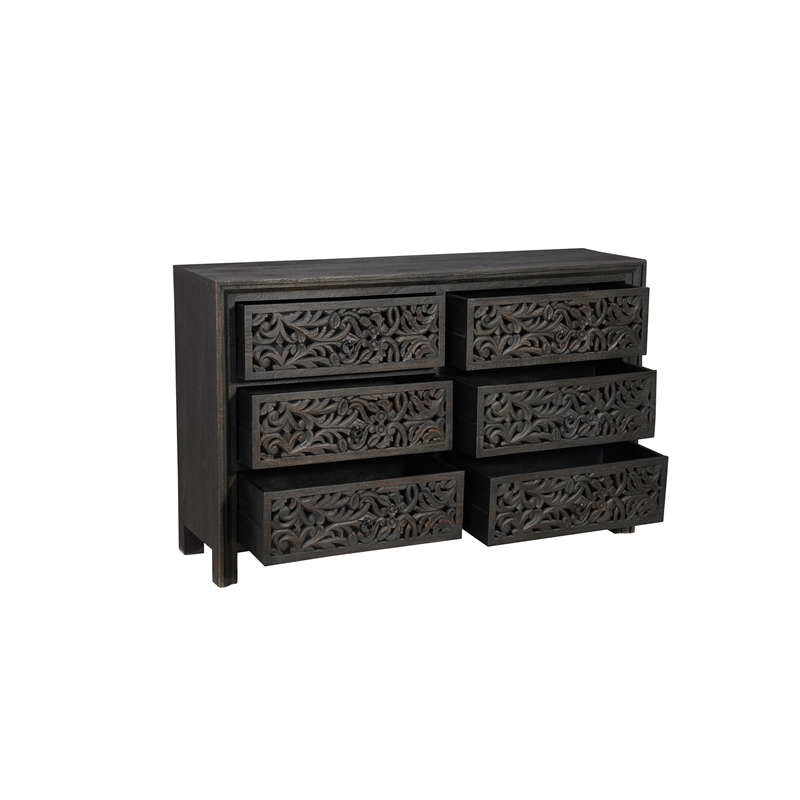 Pemberly Row 6-drawer Floral Carved Solid Wood Dresser in Black