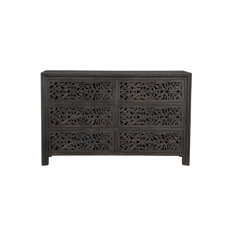 Pemberly Row 6-drawer Floral Carved Solid Wood Dresser in Black
