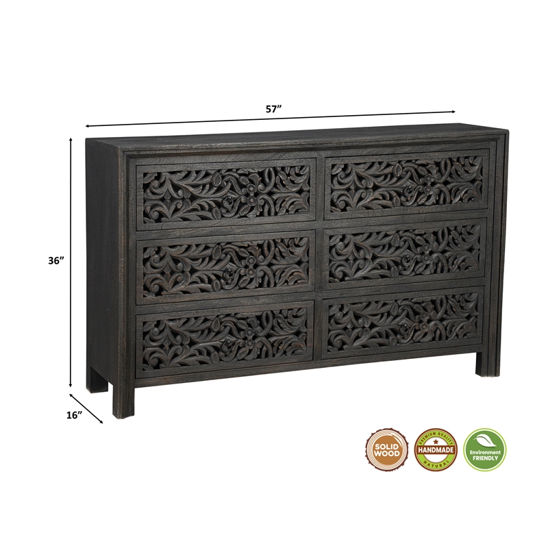 Pemberly Row 6-drawer Floral Carved Solid Wood Dresser in Black