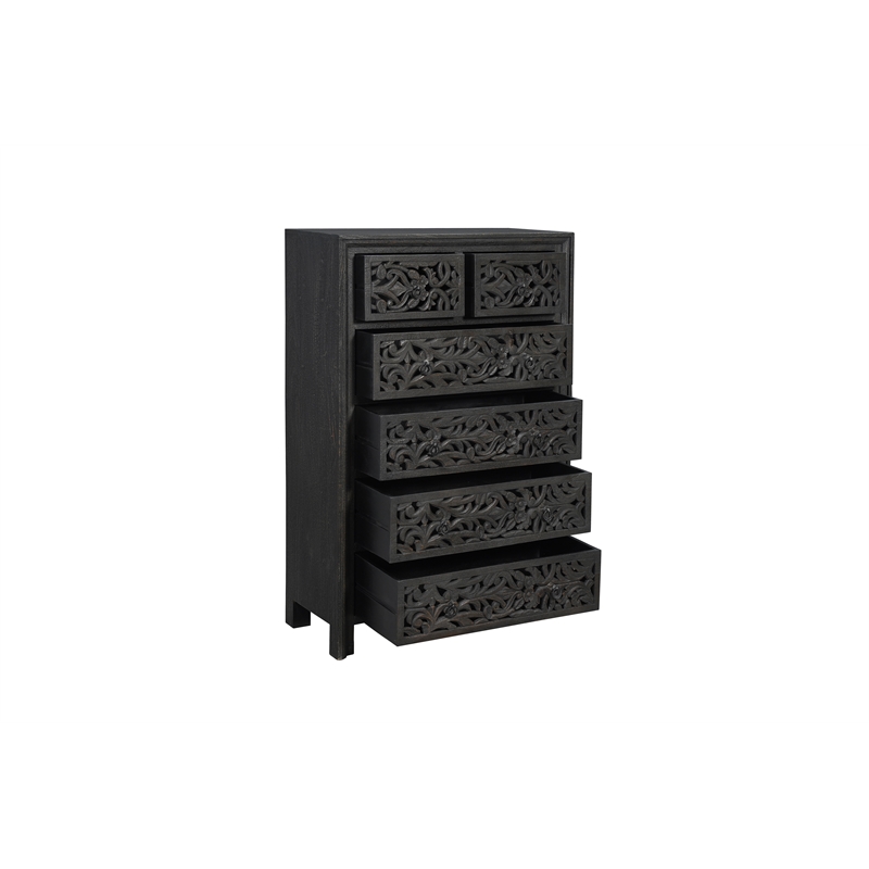 Pemberly Row 6-drawer Floral Carved Solid Wood Chest in Black