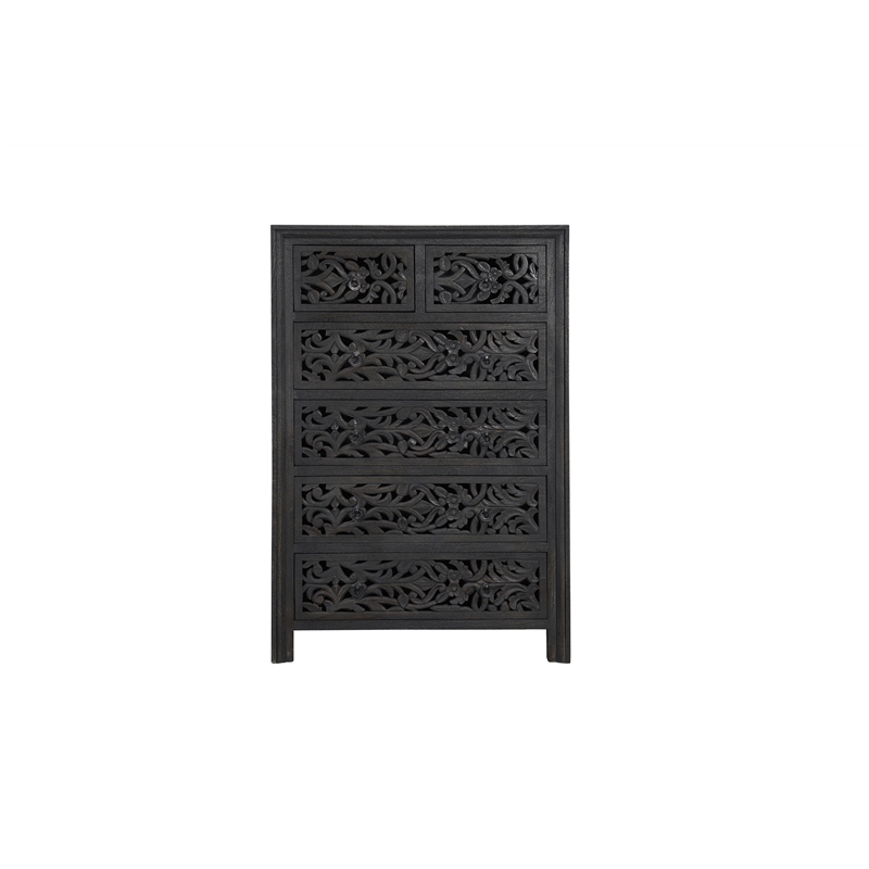 Pemberly Row 6-drawer Floral Carved Solid Wood Chest in Black