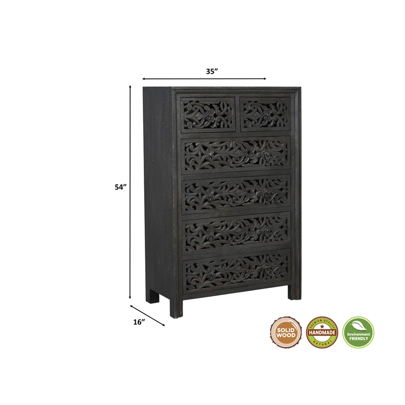 Pemberly Row 6-drawer Floral Carved Solid Wood Chest in Black