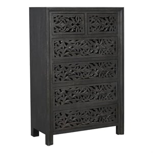 Pemberly Row 6-drawer Floral Carved Solid Wood Chest in Black
